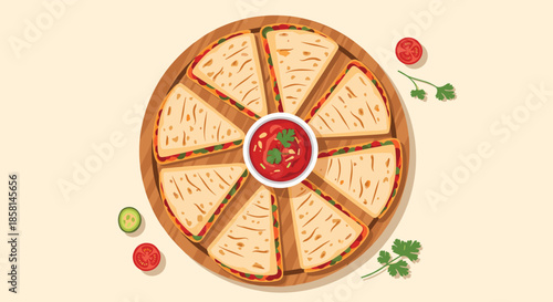 Top-down view of freshly made Mexican quesadillas cut into triangles and arranged in a circle with a salsa dip center.