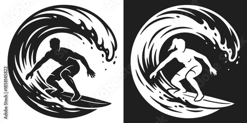 Surfing illustration. Representing male and female surfers riding a wave, ocean sport activity, balance, and movement.