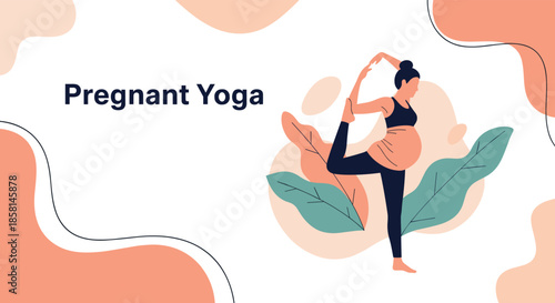 'Pregnant Yoga' banner template showing a pregnant woman practicing a graceful yoga pose for prenatal health and wellness.