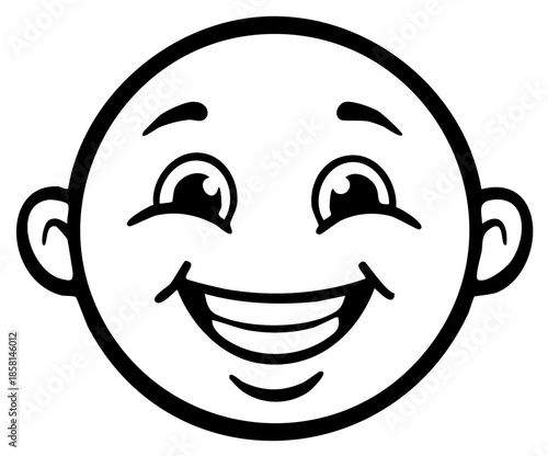 Happy cartoon face with a wide smile and big eyes, simple line art illustration