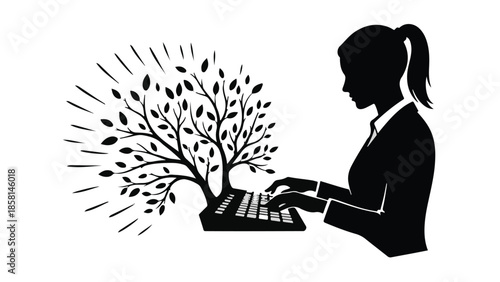 Silhouette of a woman typing on a laptop, with a tree growing from the screen, symbolizing growth and ideas.