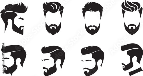 Collection of line drawing Barbershop Logo style silhouette, Hair salon logo, Man hairstyles and hire cut with beard mustache in face, banner vector illustration.