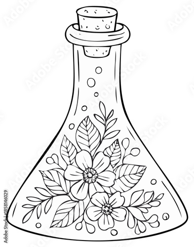 Floral potion bottle illustration, magical, with cork, bubbles, and botanical elements.