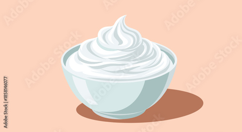 Simple and delicious illustration of a white bowl filled with a perfect swirl of fluffy, sweet whipped cream or yogurt.