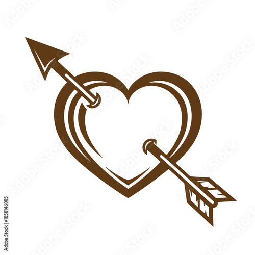Vintage Brown heart pierced by arrow symbol  love and passion icon  heart and arrow graphic