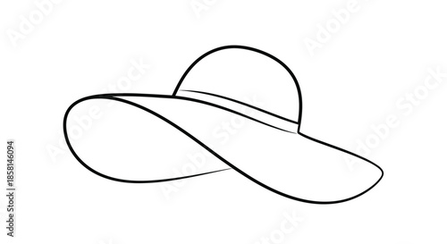 Minimalist black line art illustration of an elegant woman's sun hat with a wide, floppy brim, drawn with a single continuous line.