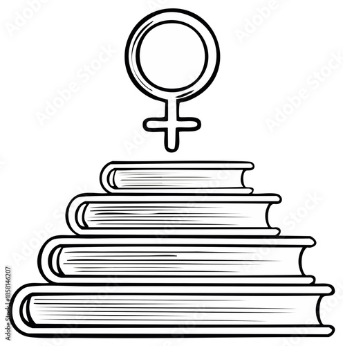 Female symbol above stack of books, education concept, line art