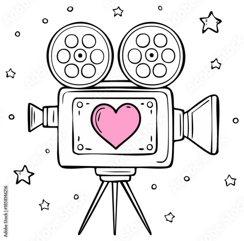 Vintage movie camera illustration with pink heart on screen surrounded by stars design for the love of film