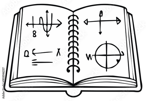 Open notebook with math equations and diagrams, vector illustration