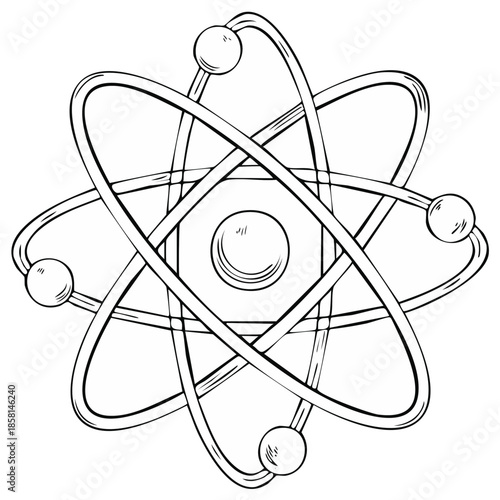 Classic scientific illustration of an atom, featuring a nucleus and electron orbits