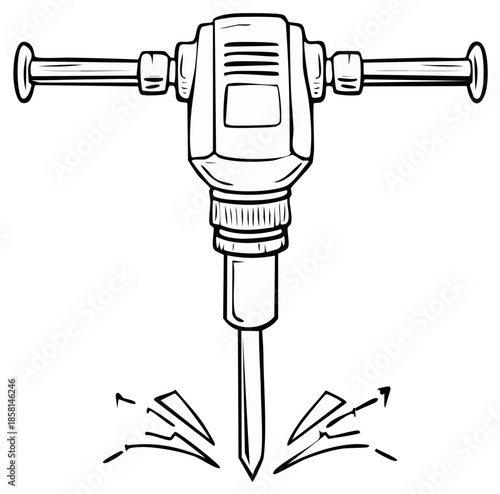 Line art illustration of a jackhammer breaking surface, heavy machinery drawing, construction tool vector graphic, breaking ground sketch