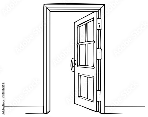 Open door with a glass pane inviting entry into a new opportunity or unknown space