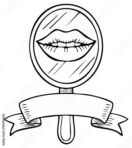 Handheld mirror reflects open lips with teeth and a blank banner for text