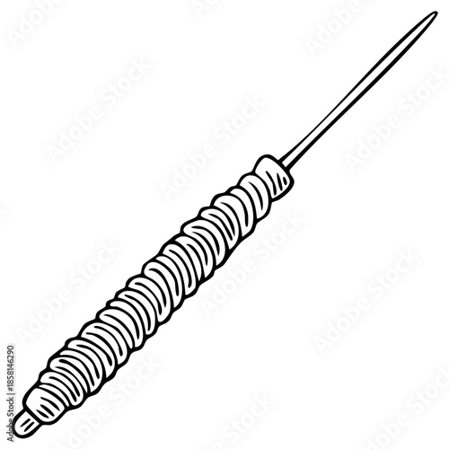 Hand drawn illustration of a single skewer with spiral dough food item on a plain background