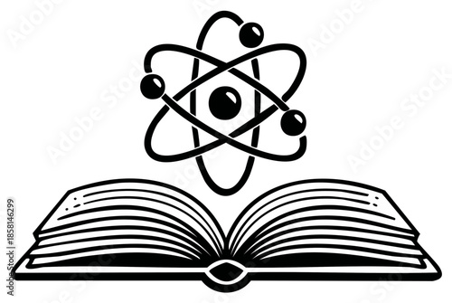 Open book with atomic symbol above symbolizing knowledge and scientific discovery