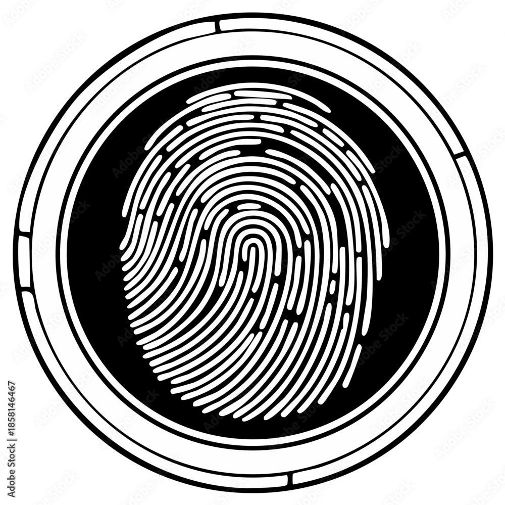 Obraz premium Fingerprint Identification Security Technology in Circular Frame: Biometric Authentication Access Verification Icon