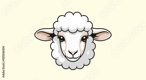 Adorable cartoon portrait of a cute and fluffy white sheep's head with big gentle eyes against a plain, soft yellow background.