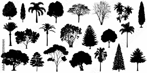 A collection of diverse tree silhouettes against a plain white background