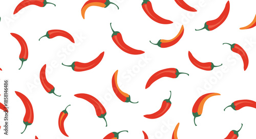Seamless vector pattern of scattered red hot chili peppers on a plain white background, perfect for food-themed designs.