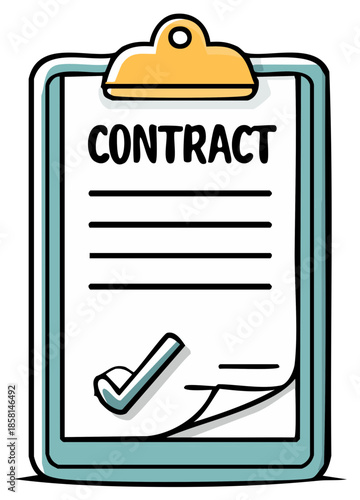 Hand drawn contract document with clipboard and check mark symbol cartoon illustration