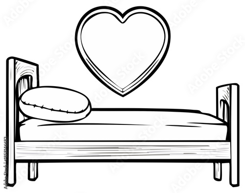 Simple illustration of a bed with a pillow and a heart outline above it
