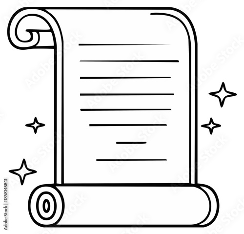 Magical scroll illustration with shining stars, black and white outline.