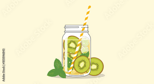 Refreshing detox water in a glass mason jar filled with fresh kiwi slices, mint leaves, and ice cubes with a straw.