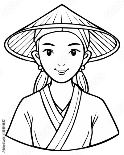 Smiling young woman wearing a traditional Asian conical hat line art coloring page illustration