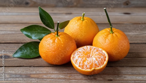 Wallpaper Mural Fresh Citrus Oranges with Leaf and Halved Segment on Rustic Wooden Background Torontodigital.ca