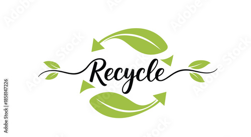 An elegant 'Recycle' logo with calligraphic text, surrounded by arrows made of green leaves, symbolizing a sustainable cycle.