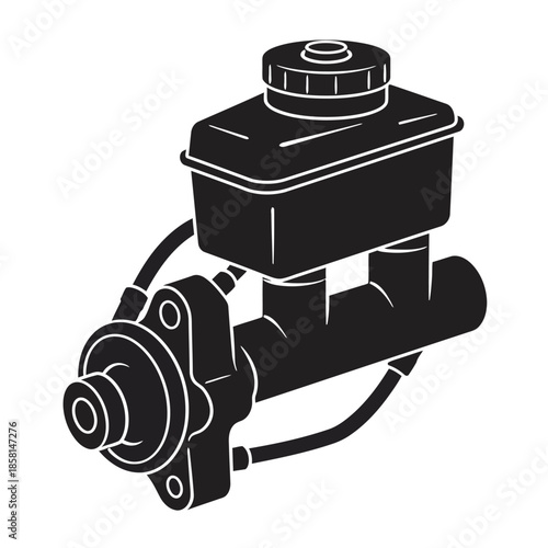 Automotive car brake master cylinder vector illustration in black and white silhouette style for vehicle braking system maintenance