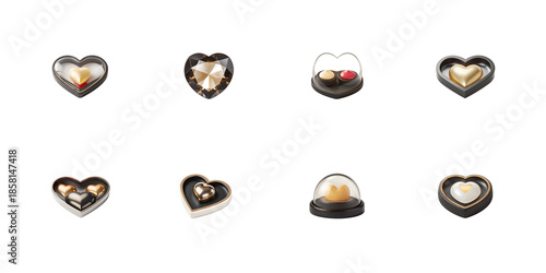Eight luxurious heart shaped chocolates and truffles presented in elegant dark packaging on transparent background