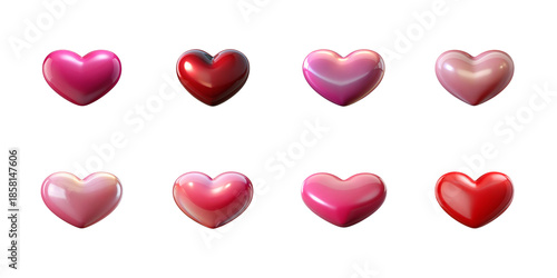 Collection of eight glossy volumetric hearts in various shades of pink and red symbolizing love and romance on transparent background