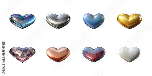 Eight premium metallic and jeweled heart icons showcasing various luxury finishes like gold silver diamond and chrome on transparent background