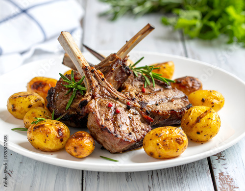 Grilled lamb chops served with rosemary and roasted baby potatoes on a white plate. Generative AI
