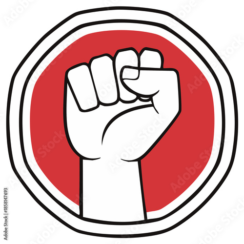 Raised clenched fist symbol of protest and solidarity in red circle graphic illustration