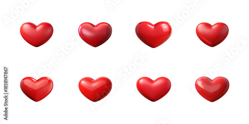 Collection of eight glossy three dimensional bright red heart icons isolated on transparent background on transparent background