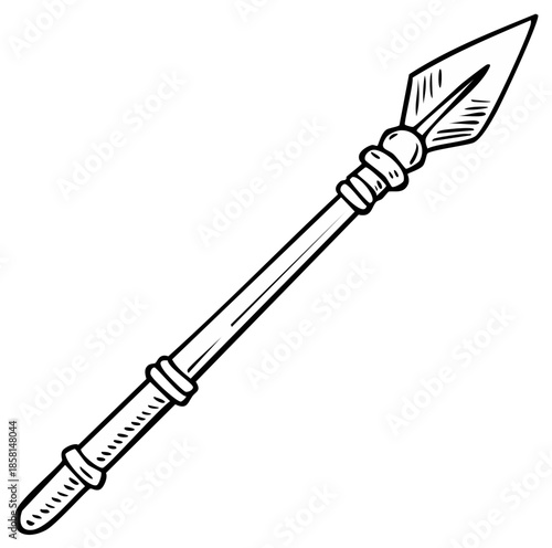 Hand-drawn illustration of a spear with a sharp blade in black and white.