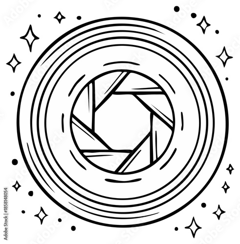 Aperture graphic drawing with concentric circles and shining stars frame, photographic lens icon