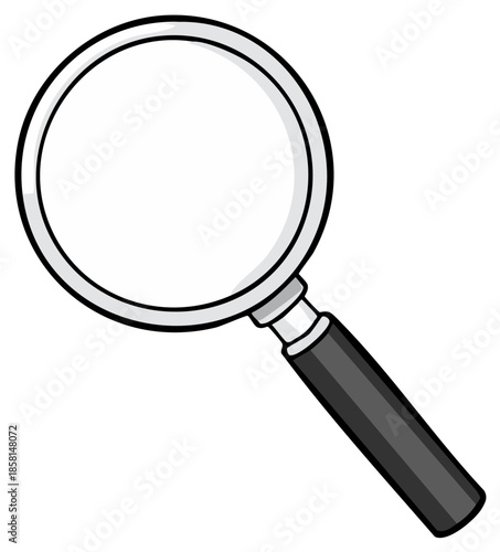 Cartoon magnifying glass for search, investigation, or analysis. Scientific tool for zoom, find, or study.