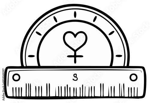Hand drawn outline illustration of a protractor ruler tool with a heart and female gender symbol