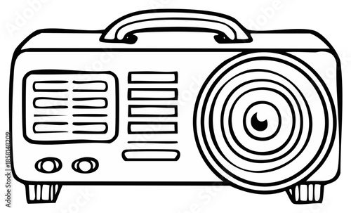 Retro film projector outline illustration, broadcasting and entertainment equipment.