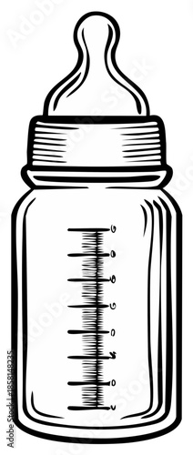 Illustrated baby bottle with nipple, scale, and lines. Isolated design element.