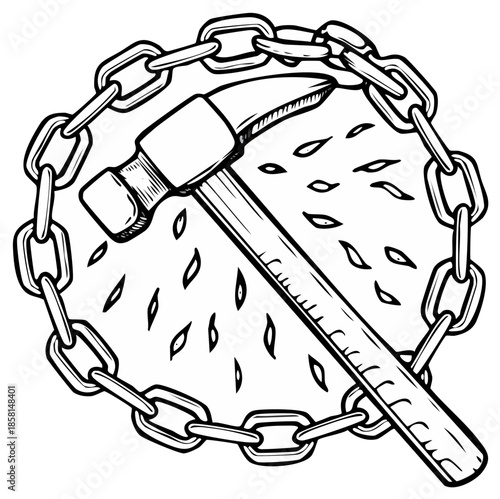 Hammer breaking chain, freedom concept, monochrome sketch illustration