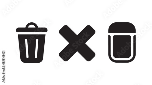 Trash Can Rejection Symbol Reusable Bin Icon in Simple Monochrome Design with Negative Space for UI UX