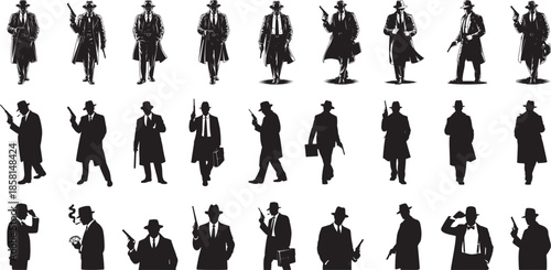 Collection of  featuring classic gangster figures in iconic poses silhouettes, some holding tommy guns or pistols, simple linear style, Mafia Character, banner vector illustration.