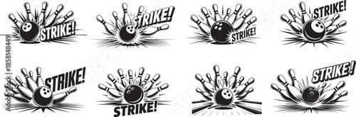 Collection of line drawing, bowling ball in mid-strike, simple linear style, Bowling ball crashing into the pins, banner vector illustration.
