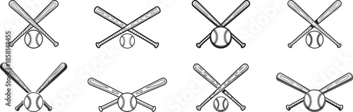 Collection of line drawing, crossed baseball bats, simple linear style, baseball rests centered, sports concept, banner vector illustration.
