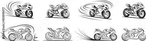 Collection of line drawing, sports motorcycle with dynamic curved lines, simple linear style, business strategy and adventure concept, banner vector illustration.