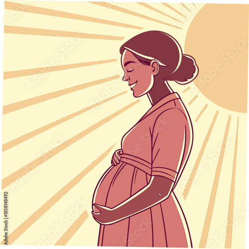 A serene illustration depicts a pregnant woman basking in the warm glow of a stylized sun radiating peace and anticipation